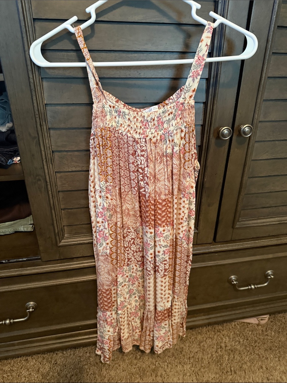 Pink Lily Boho Patchwork Maxi Dress in Pink and Tan Floral